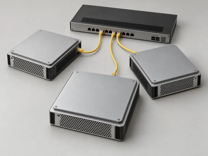 Compact server nodes linked through a network switch