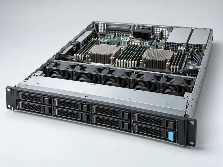 An open rackmount server showing its internal hardware