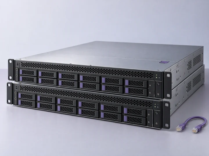 Two compact server chassis photographed on a plain studio surface