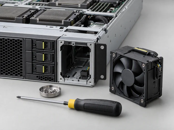 A server cooling module and precision tool arranged for maintenance