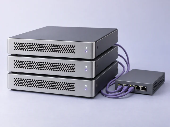 Küçük bir ağ anahtarına bağlı üç kompakt hosting ünitesi