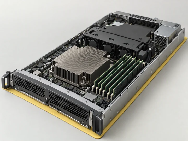 A server compute module on a yellow mat