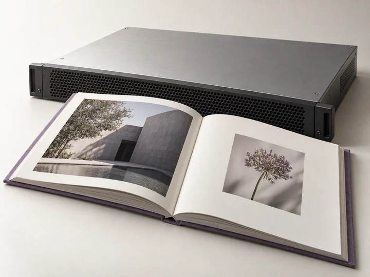 An open photo book beside compact hosting hardware