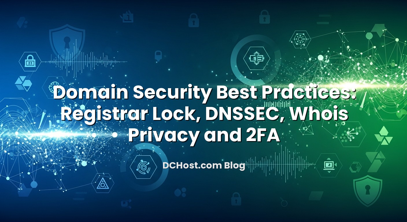 Infographic explaining Domain Security Best Practices: Registrar Lock, DNSSEC, Whois Privacy and 2FA