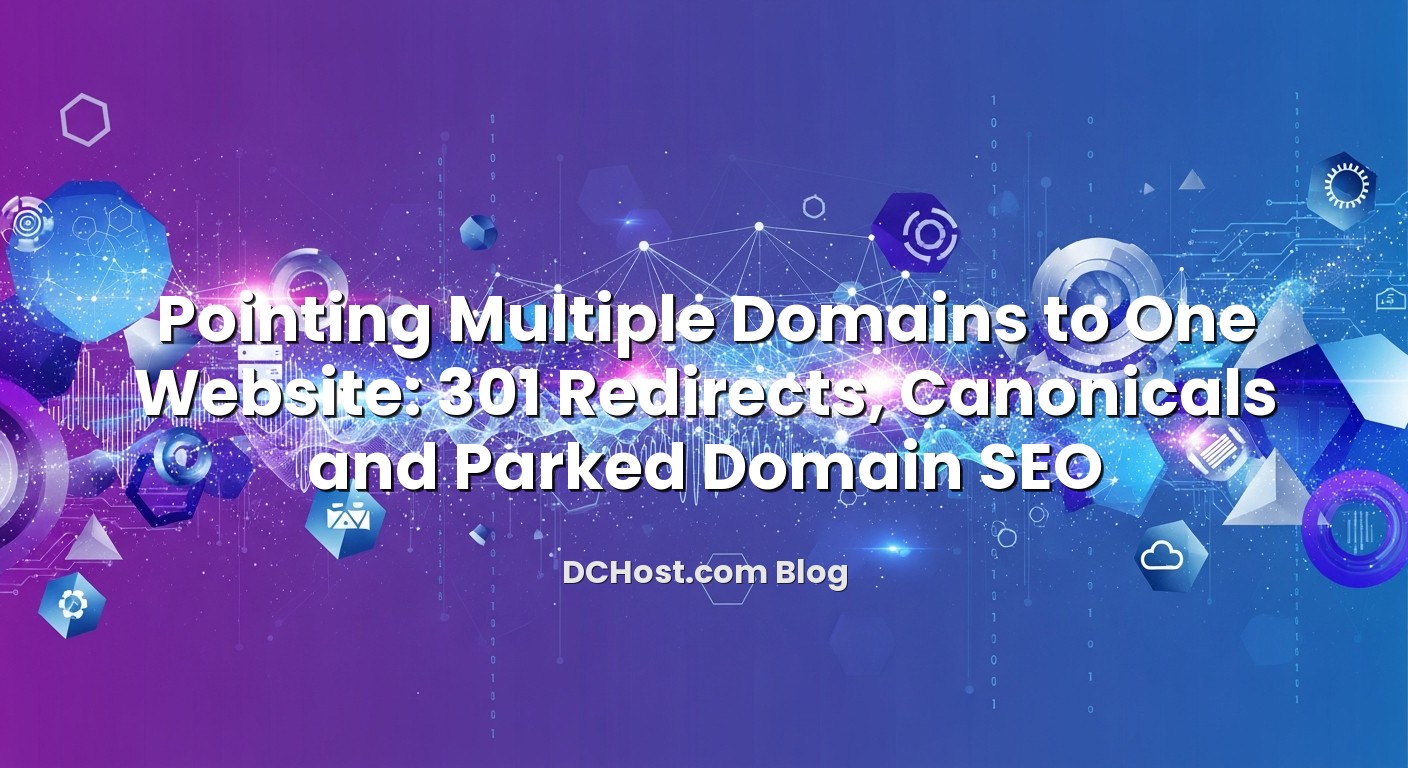 Infographic explaining Pointing Multiple Domains to One Website: 301 Redirects, Canonicals and Parked Domain SEO