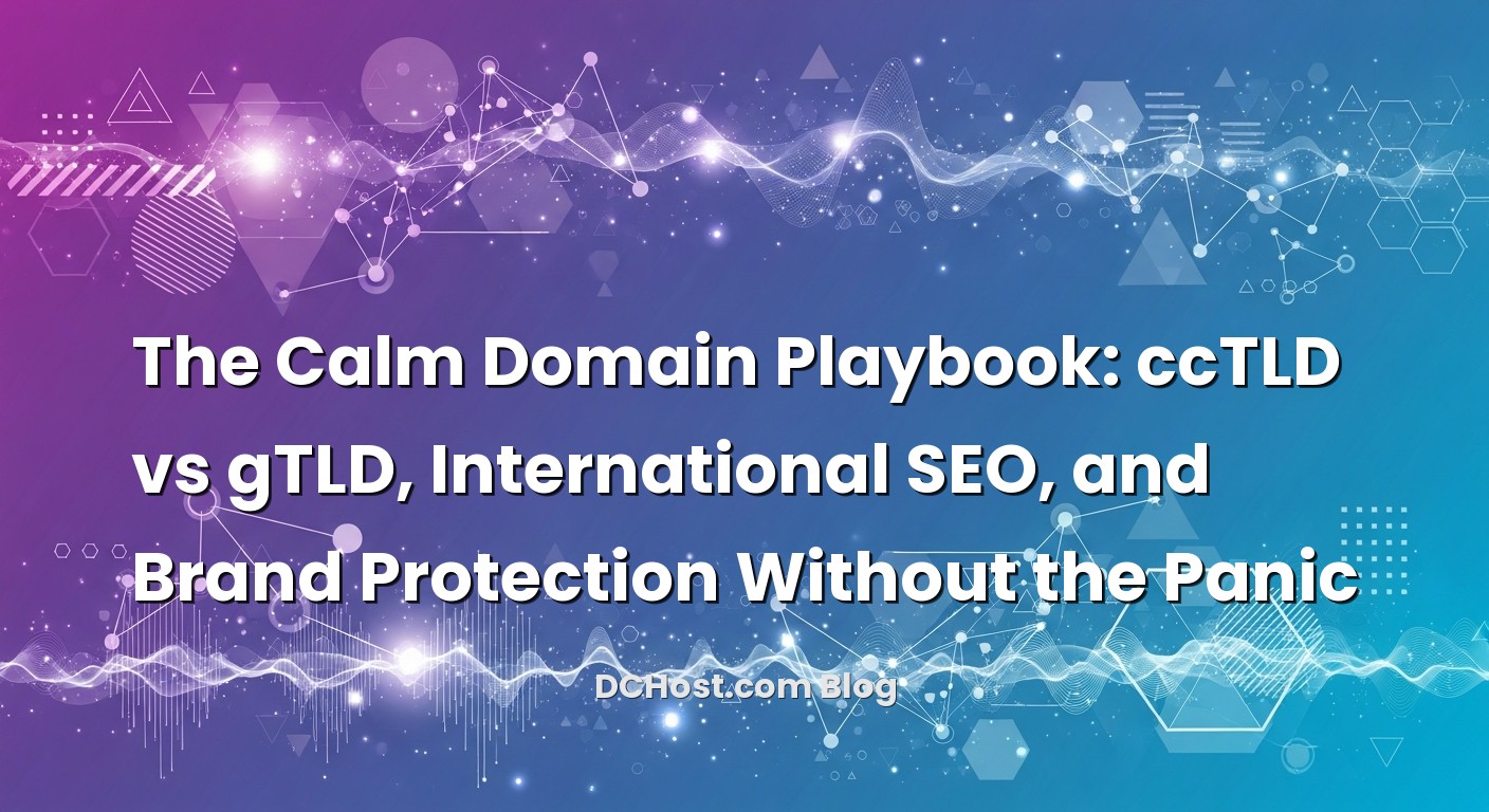 Infographic explaining The Calm Domain Playbook: ccTLD vs gTLD, International SEO, and Brand Protection Without the Panic