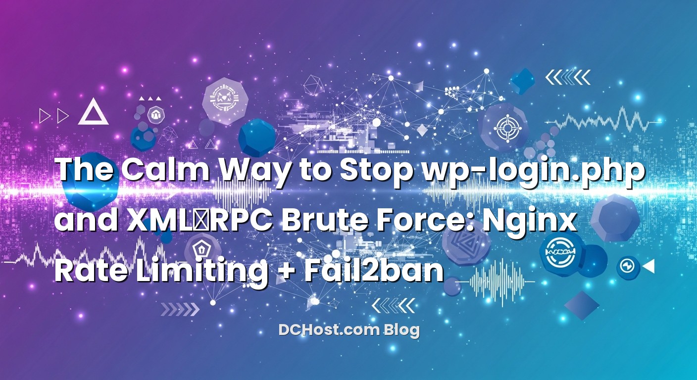 Illustration depicting The Calm Way to Stop wp-login.php and XML‑RPC Brute Force: Nginx Rate Limiting + Fail2ban concept