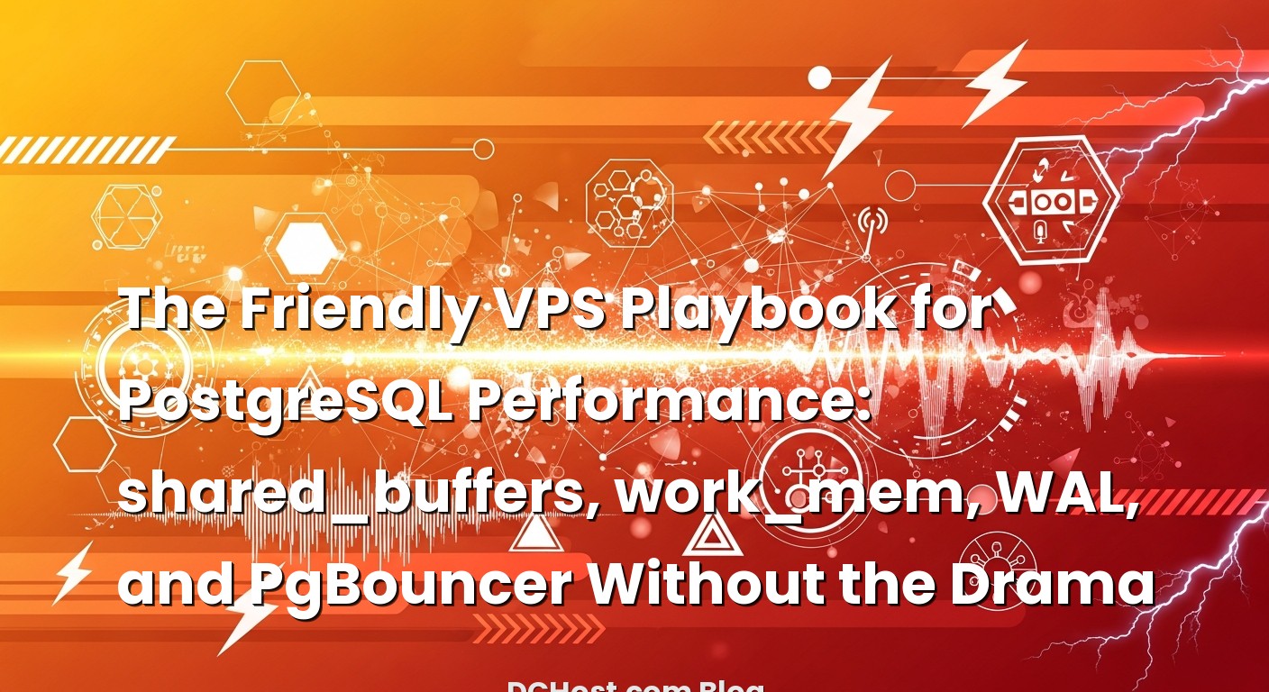 Infographic explaining The Friendly VPS Playbook for PostgreSQL Performance: shared_buffers, work_mem, WAL, and PgBouncer ...