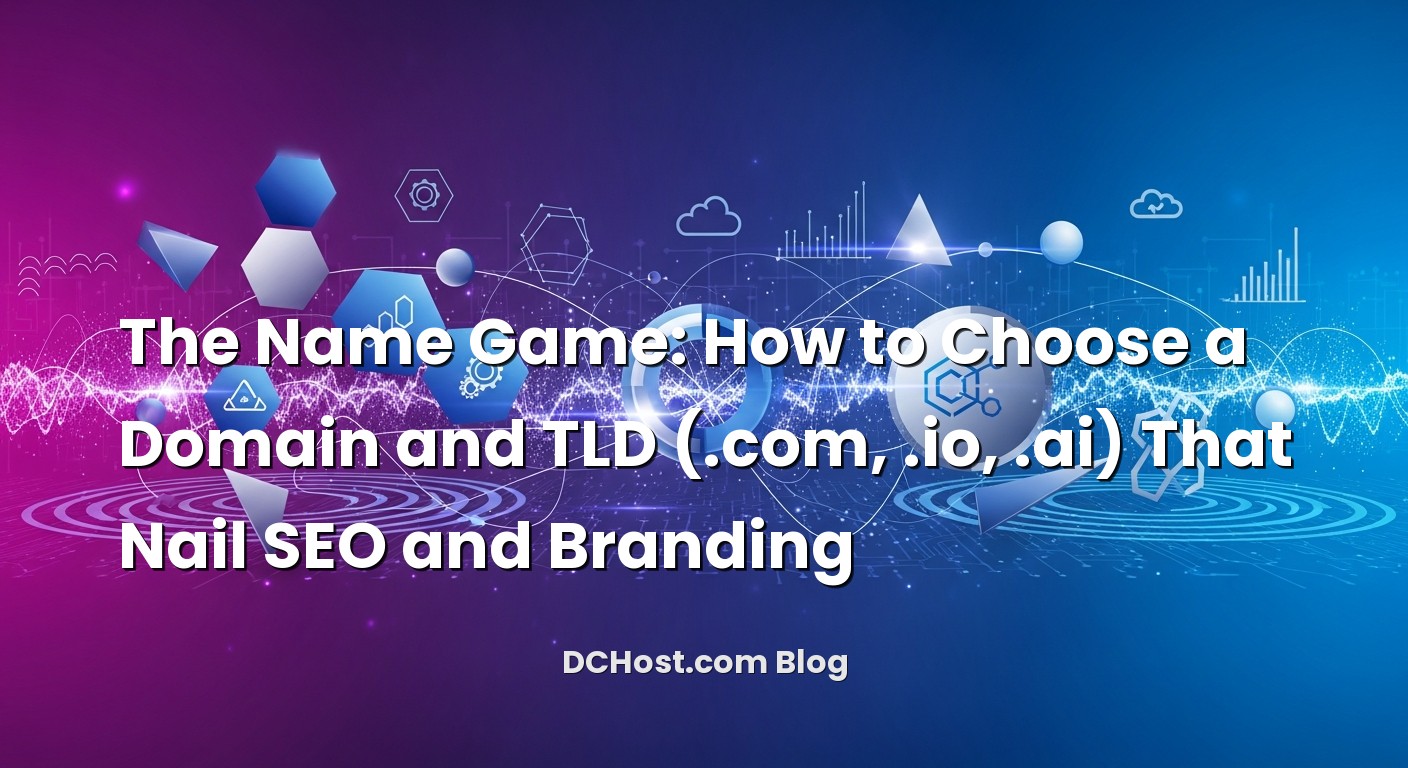 Illustration depicting The Name Game: How to Choose a Domain and TLD (.com, .io, .ai) That Nail SEO and Branding concept