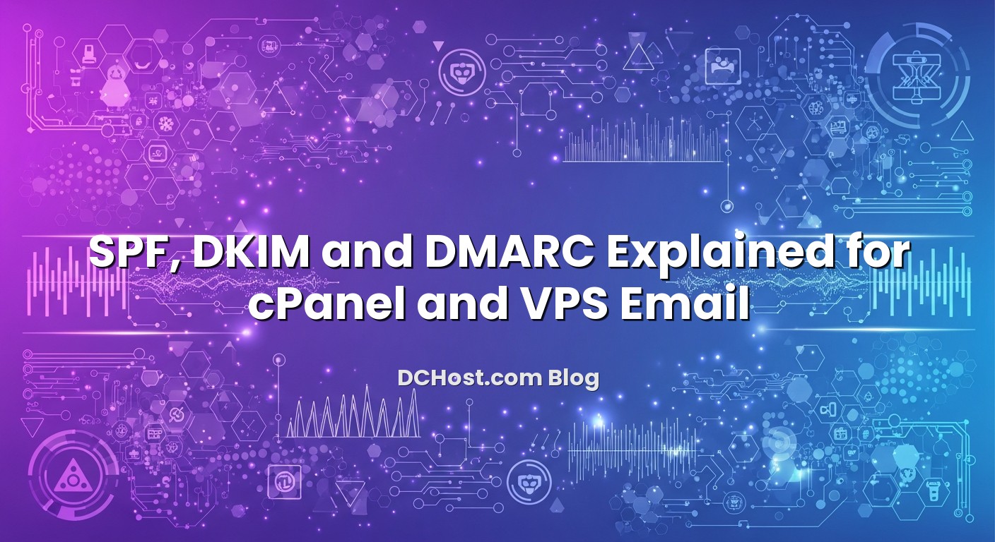 Illustration depicting SPF, DKIM and DMARC Explained for cPanel and VPS Email concept