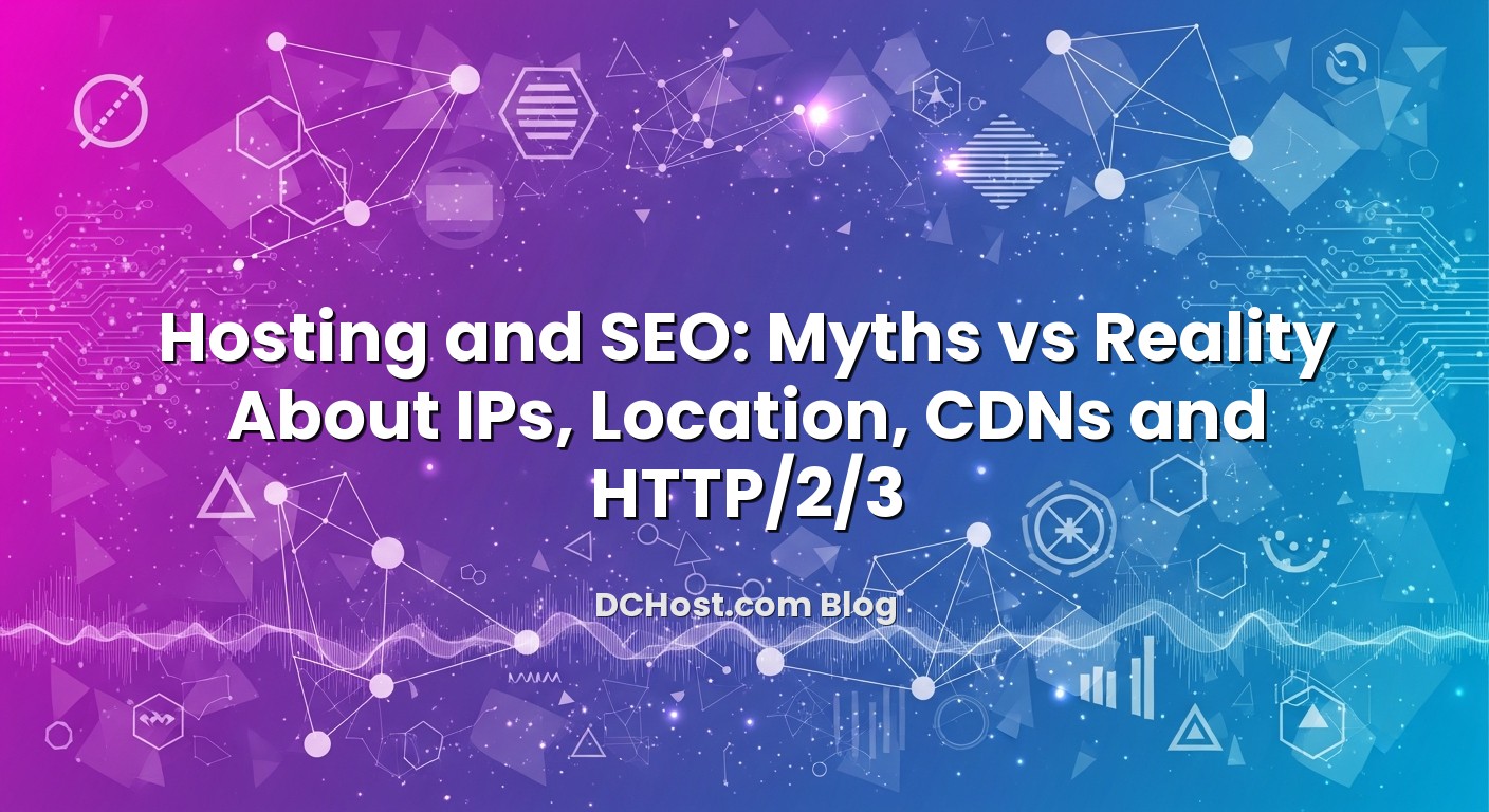 Infographic explaining Hosting and SEO: Myths vs Reality About IPs, Location, CDNs and HTTP/2/3