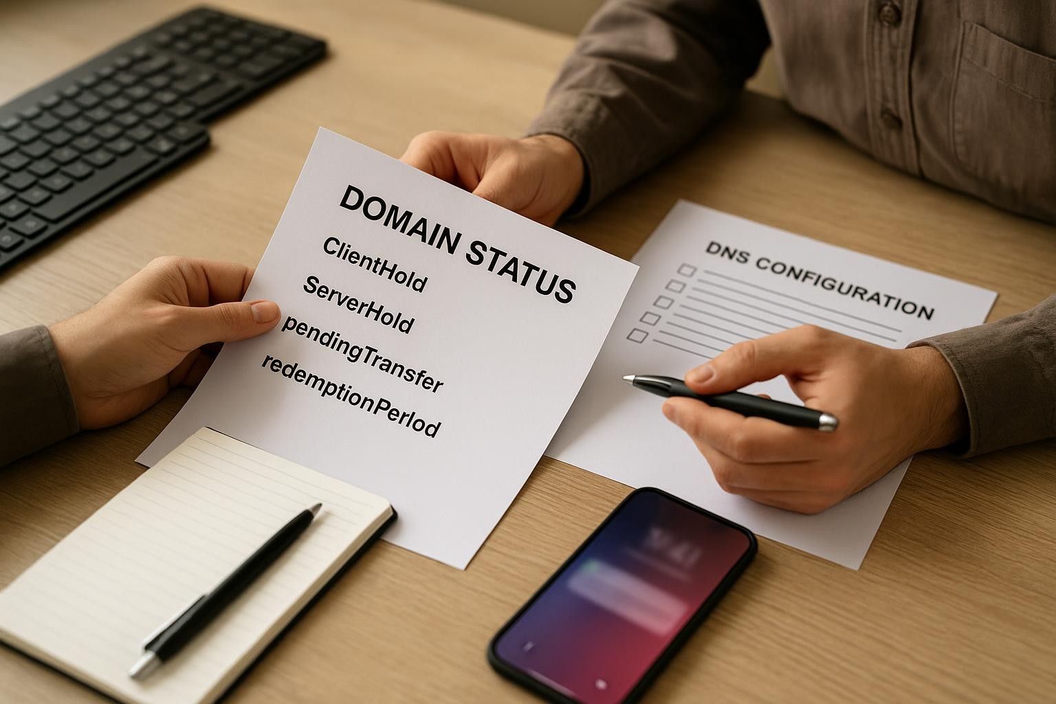 Bir yönetici, ofis masasındaki alan adı durum belgelerini ve DNS kontrol listesini doğal ışık altında inceliyor.