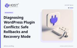 DCHost guide: Diagnosing WordPress Plugin Conflicts: Safe Rollbacks and Recovery Mode. Purple and navy ceramic modules are separated beside a small metal restore lever in a simple studio composition.