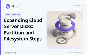 DCHost guide: Expanding Cloud Server Disks: Partition and Filesystem Steps. A stylized violet and navy storage cylinder symbolizing expansion, surrounded by layered rings with one ring detached.