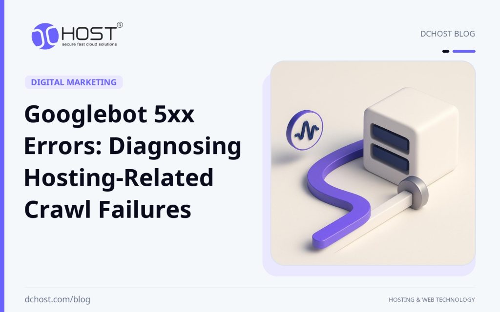 DCHost guide: Googlebot 5xx Errors: Diagnosing Hosting-Related Crawl Failures. A violet network pulse moves toward a ceramic server core behind a rounded metal barrier.