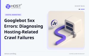 DCHost guide: Googlebot 5xx Errors: Diagnosing Hosting-Related Crawl Failures. A violet network pulse moves toward a ceramic server core behind a rounded metal barrier.