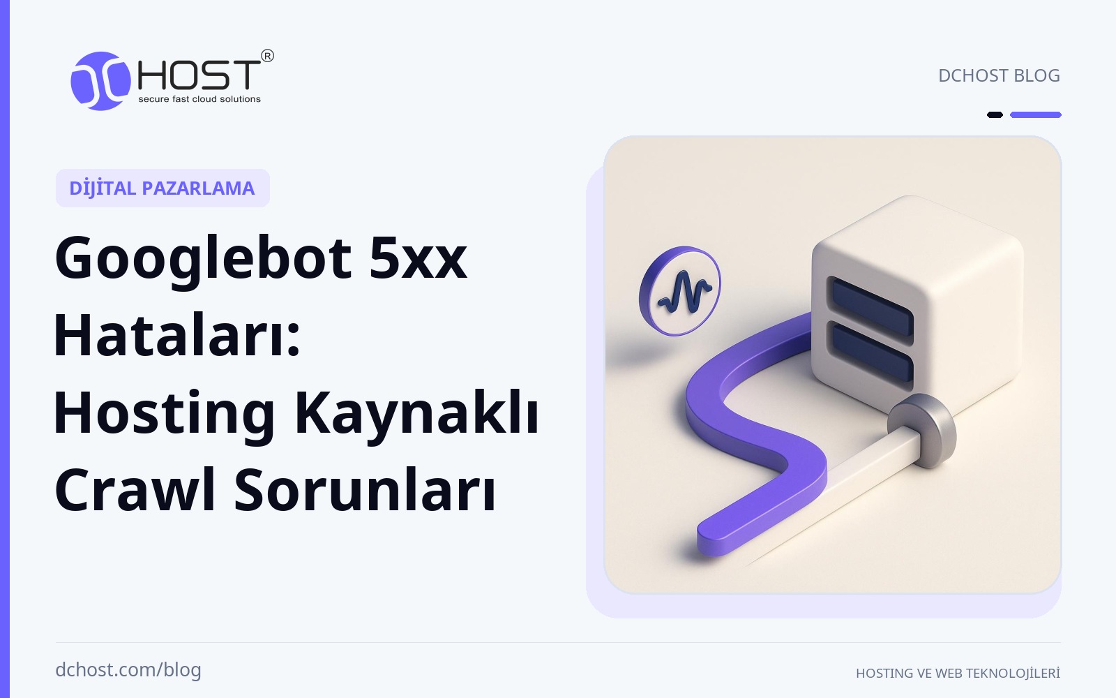 DCHost rehberi: Googlebot 5xx Hataları: Hosting Kaynaklı Crawl Sorunları. Viyole bir ağ darbesi, yuvarlak metal bir bariyerin önündeki seramik sunucu çekirdeğine doğru ilerliyor.