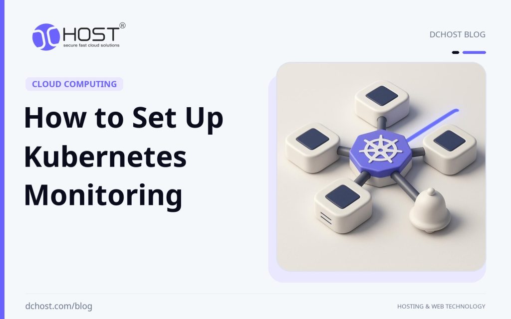 DCHost guide: How to Set Up Kubernetes Monitoring. A ceramic cluster of connected nodes with a violet monitoring pulse and a small alert bell.