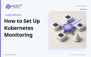 DCHost guide: How to Set Up Kubernetes Monitoring. A ceramic cluster of connected nodes with a violet monitoring pulse and a small alert bell.