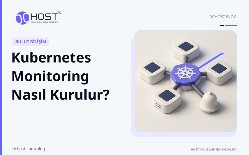 DCHost rehberi: Kubernetes Monitoring Nasıl Kurulur? Yumuşak ışıklı sahnede, yuvarlak düğümleri mor bir izleme darbesiyle bağlanan seramik küme ve yanında küçük bir uyarı çanı görülüyor.