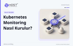 DCHost rehberi: Kubernetes Monitoring Nasıl Kurulur? Yumuşak ışıklı sahnede, yuvarlak düğümleri mor bir izleme darbesiyle bağlanan seramik küme ve yanında küçük bir uyarı çanı görülüyor.