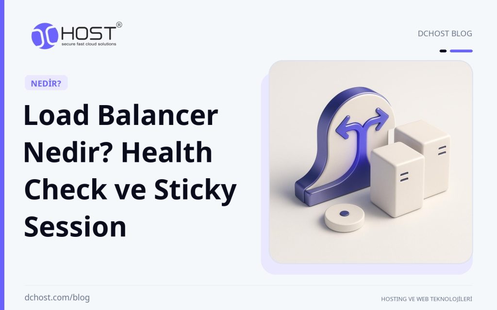 DCHost rehberi: Load Balancer Nedir? Health Check ve Sticky Session. Mor ve lacivert tonlarda merkezi bir dağıtıcıdan iki sunucu formuna ayrılan yumuşak bağlantı çizgisini gösteren 3B sahne.