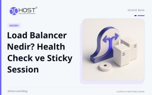 DCHost rehberi: Load Balancer Nedir? Health Check ve Sticky Session. Mor ve lacivert tonlarda merkezi bir dağıtıcıdan iki sunucu formuna ayrılan yumuşak bağlantı çizgisini gösteren 3B sahne.