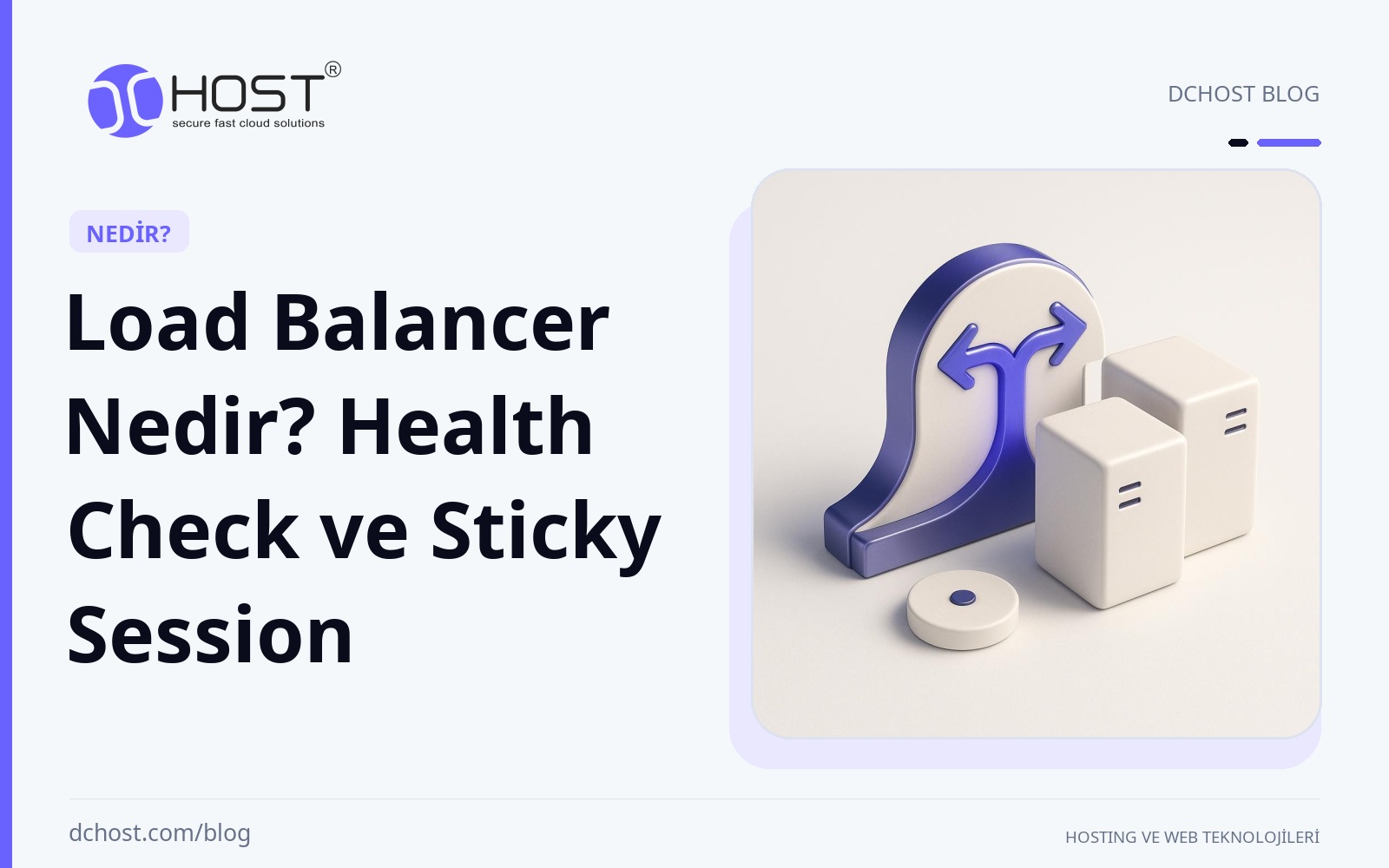 DCHost rehberi: Load Balancer Nedir? Health Check ve Sticky Session. Mor ve lacivert tonlarda merkezi bir dağıtıcıdan iki sunucu formuna ayrılan yumuşak bağlantı çizgisini gösteren 3B sahne.