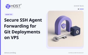 DCHost guide: Secure SSH Agent Forwarding for Git Deployments on VPS. A violet forwarding bridge, a metal SSH key, and a navy repository vault are connected by a single route.
