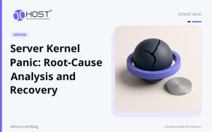 DCHost guide: Server Kernel Panic: Root-Cause Analysis and Recovery. A violet-blue recovery ring surrounds a cracked deep-navy kernel core, with a detached satin-metal disk beside it.