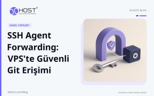 DCHost rehberi: SSH Agent Forwarding: VPS'te Güvenli Git Erişimi. Mor bir yönlendirme köprüsü, metal bir SSH anahtarı ve lacivert bir depo kasası arasında tek bir bağlantı yolu görülüyor.