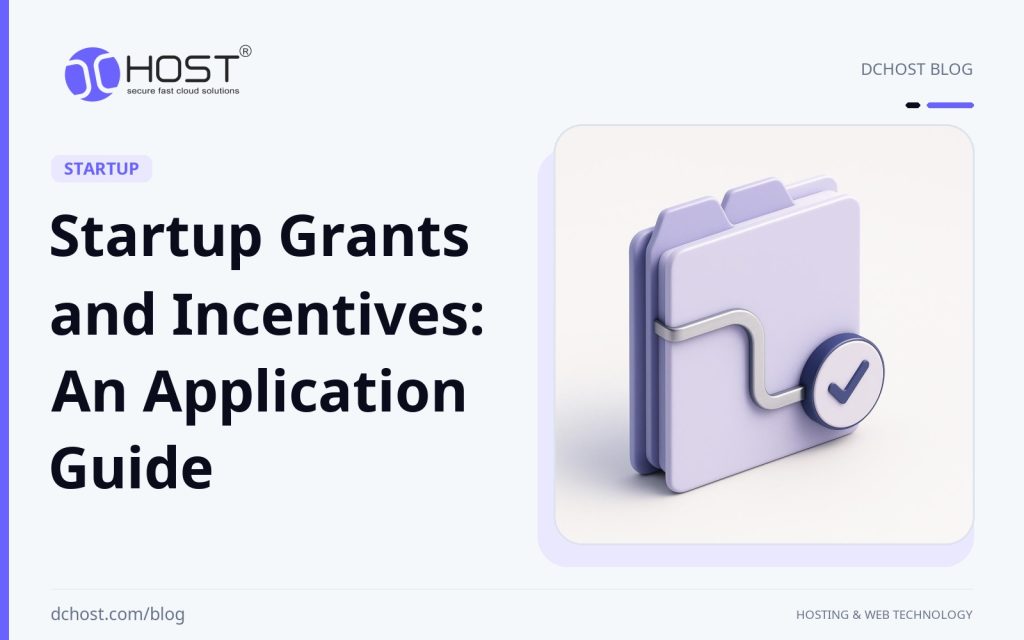 DCHost guide: Startup Grants and Incentives: An Application Guide. A violet-blue application folder with a metallic route and a verification seal on a light studio surface.