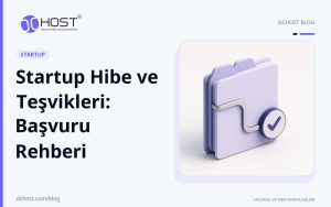 DCHost rehberi: Startup Hibe ve Teşvikleri: Başvuru Rehberi. Mor-mavi seramik bir başvuru dosyası, metalik bir rota ve küçük bir kanıt mührüyle aydınlık bir stüdyo zemininde görülüyor.