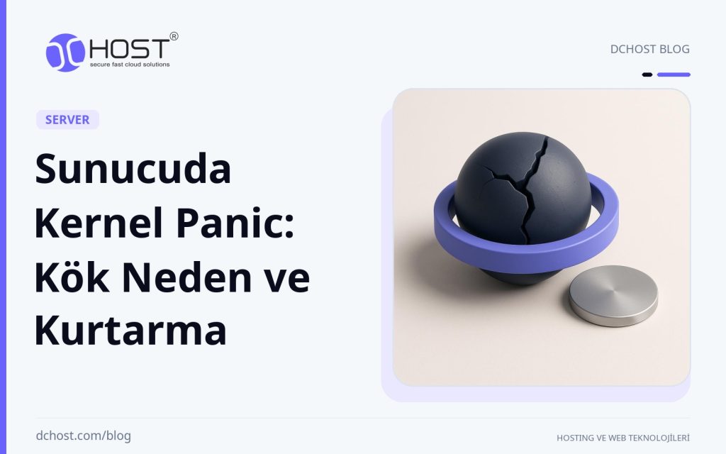 DCHost rehberi: Sunucuda Kernel Panic: Kök Neden ve Kurtarma. Çatlak lacivert bir çekirdek nesnesini çevreleyen mor-mavi kurtarma halkası ve yanında duran metal disk görülüyor.