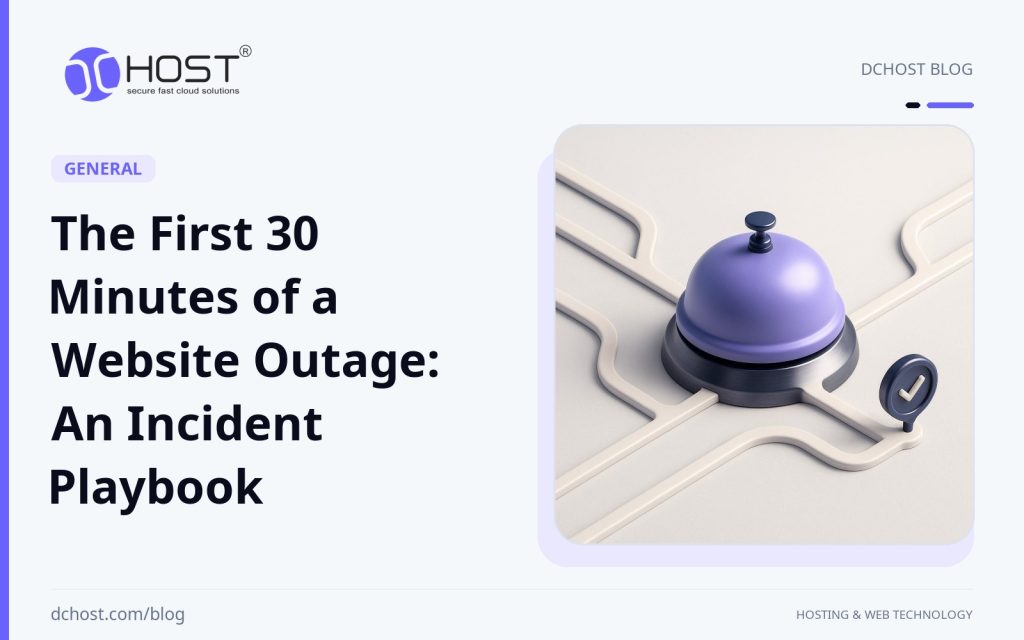 DCHost guide: The First 30 Minutes of a Website Outage: An Incident Playbook. A service bell sits among violet and navy ceramic routes with small metal checkpoints around it.