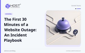 DCHost guide: The First 30 Minutes of a Website Outage: An Incident Playbook. A service bell sits among violet and navy ceramic routes with small metal checkpoints around it.