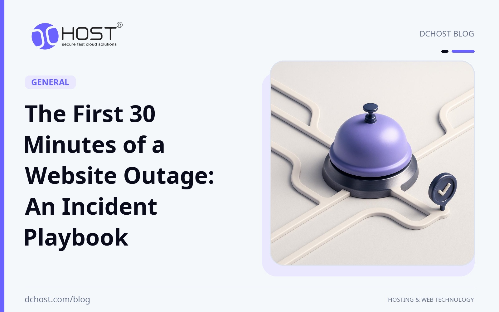 DCHost guide: The First 30 Minutes of a Website Outage: An Incident Playbook. A service bell sits among violet and navy ceramic routes with small metal checkpoints around it.