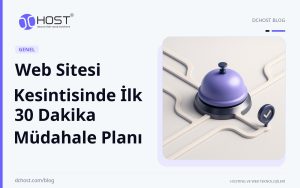 DCHost rehberi: Web Sitesi Kesintisinde İlk 30 Dakika Müdahale Planı. Violet ve lacivert seramik yolların ortasında, küçük metal kontrol noktalarıyla çevrili bir servis zili görülüyor.