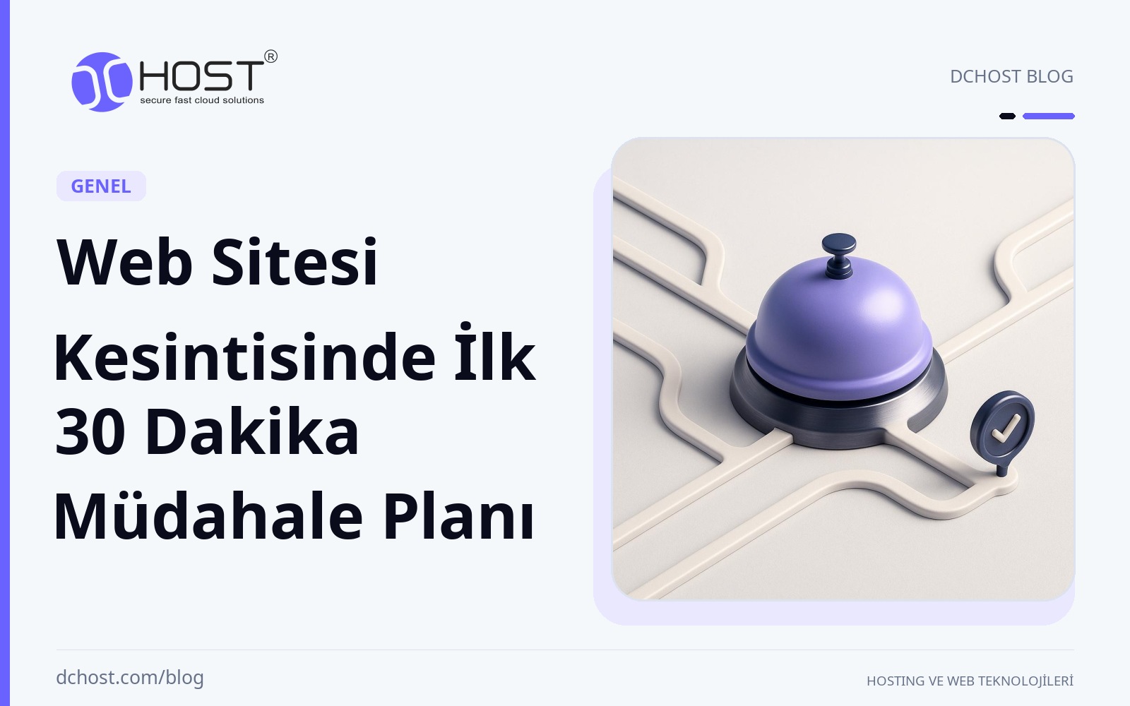 DCHost rehberi: Web Sitesi Kesintisinde İlk 30 Dakika Müdahale Planı. Violet ve lacivert seramik yolların ortasında, küçük metal kontrol noktalarıyla çevrili bir servis zili görülüyor.