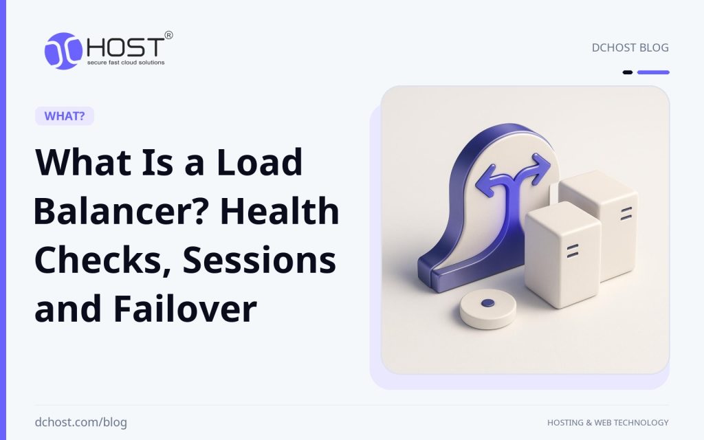 DCHost guide: What Is a Load Balancer? Health Checks, Sessions and Failover. A violet and navy 3D scene shows a central distributor splitting a soft connection line between two server forms.
