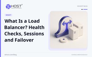 DCHost guide: What Is a Load Balancer? Health Checks, Sessions and Failover. A violet and navy 3D scene shows a central distributor splitting a soft connection line between two server forms.