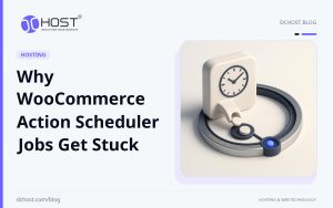DCHost guide: Why WooCommerce Action Scheduler Jobs Get Stuck. A stylized queue mechanism carries small ceramic task pieces along a circular track in violet-blue and deep navy tones.