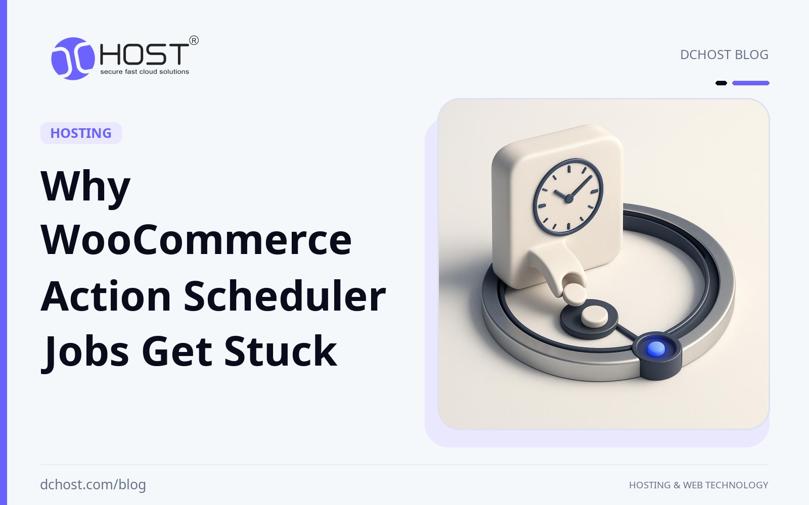 DCHost guide: Why WooCommerce Action Scheduler Jobs Get Stuck. A stylized queue mechanism carries small ceramic task pieces along a circular track in violet-blue and deep navy tones.