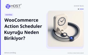 DCHost rehberi: WooCommerce Action Scheduler Kuyruğu Neden Birikiyor? Violet ve lacivert tonlarda, küçük seramik görev parçalarını dairesel bir mekanizmaya taşıyan stilize bir kuyruk nesnesi.