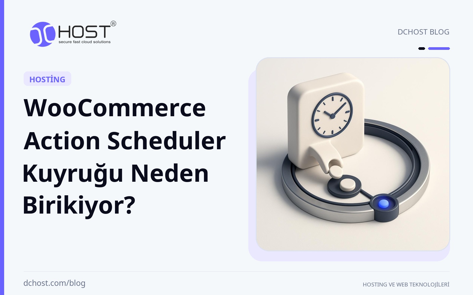 DCHost rehberi: WooCommerce Action Scheduler Kuyruğu Neden Birikiyor? Violet ve lacivert tonlarda, küçük seramik görev parçalarını dairesel bir mekanizmaya taşıyan stilize bir kuyruk nesnesi.