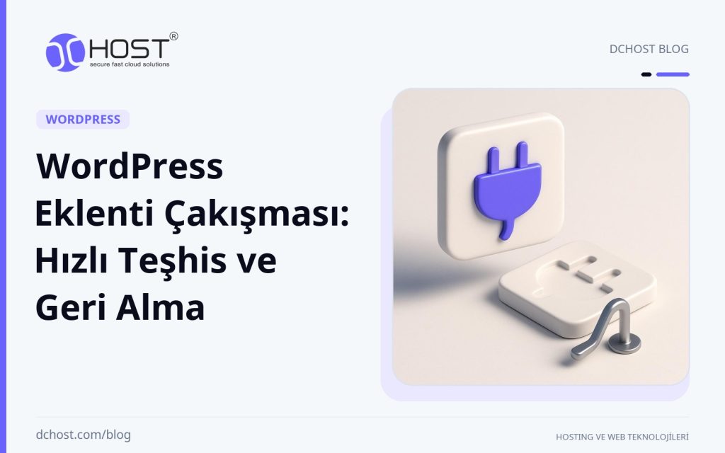 DCHost rehberi: WordPress Eklenti Çakışması: Hızlı Teşhis ve Geri Alma. Mor ve lacivert seramik modüllerin ayrıldığı, yanında küçük metal geri alma kolu bulunan sade bir stüdyo kompozisyonu.