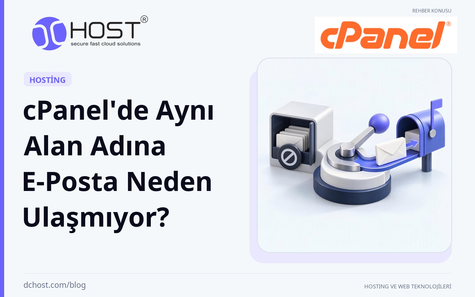 DCHost rehberi: cPanel'de Aynı Alan Adına E-Posta Neden Ulaşmıyor? Üç boyutlu posta yönlendirme anahtarı, bir zarfı yerel bölmeden ayrı bir posta kutusuna uzanan yola yönlendiriyor. Özgün cPanel logosu.