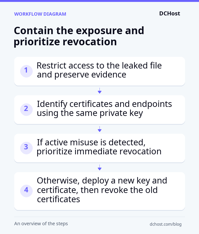 Response flow from restricting access and identifying affected certificates to choosing revocation priority based on active misuse.