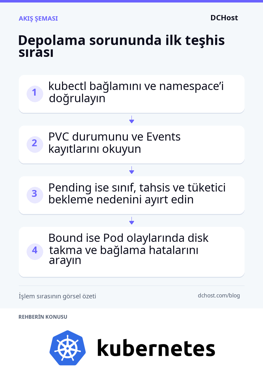 Bağlam ve namespace kontrolünden başlayıp PVC durumuna göre talep tahsisi veya Pod bağlama hatalarına yönelen teşhis akışı.