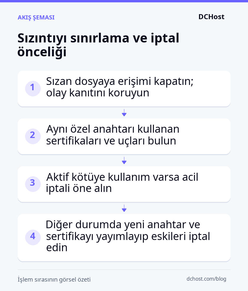Erişimi sınırlamadan sertifikaları belirlemeye ve kötüye kullanım durumuna göre iptal önceliğini seçmeye uzanan müdahale akışı.